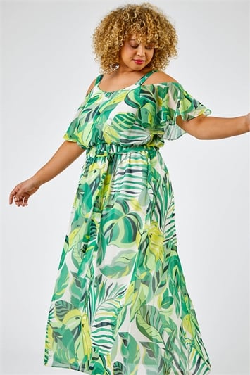 Green Curve Tropical Leaf Print Cold Shoulder Maxi Dress