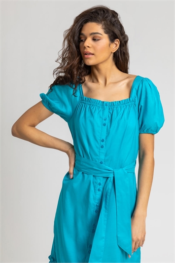 Turquoise Puff Sleeve Button Through Midi Dress, Image 4 of 5