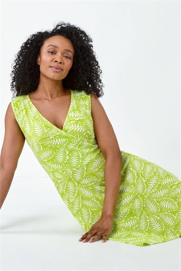Green Petite Leaf Print Stretch Wrap Dress