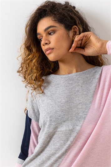 Pink Colour Block Round Neck Jumper, Image 2 of 5