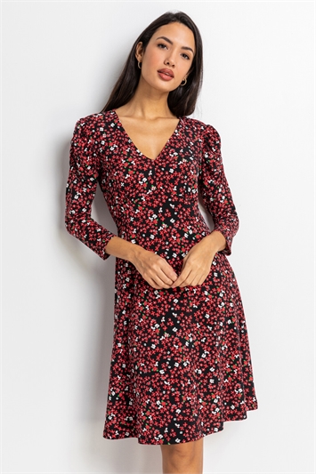 Red Ditsy Floral Fit & Flare Dress