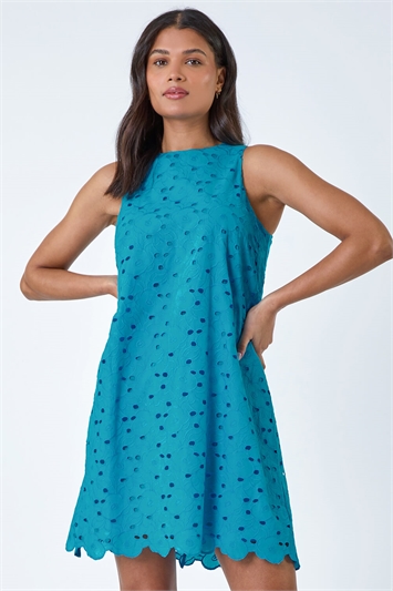 Blue Cotton Embroidery Detail Shift Dress
