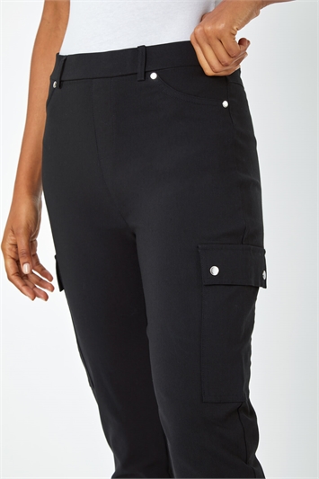 Black Turn Up Stretch Cargo Trousers