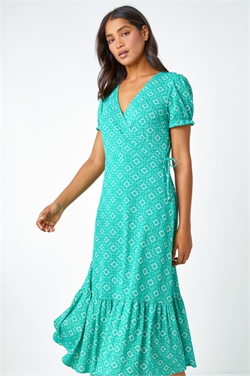 Green Geo Print Stretch Wrap Midi Dress