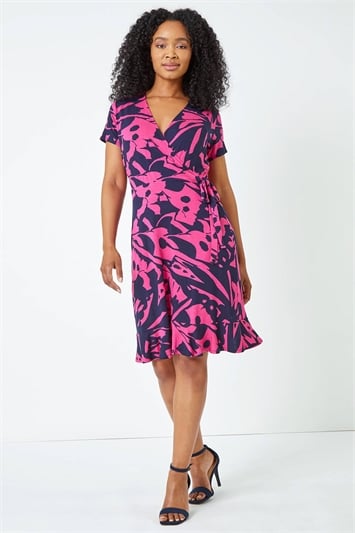 Pink Petite Abstract Print Wrap Dress