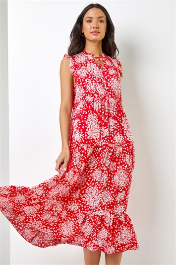 Red Ditsy Floral Print Frill Detail Maxi Dress, Image 3 of 5