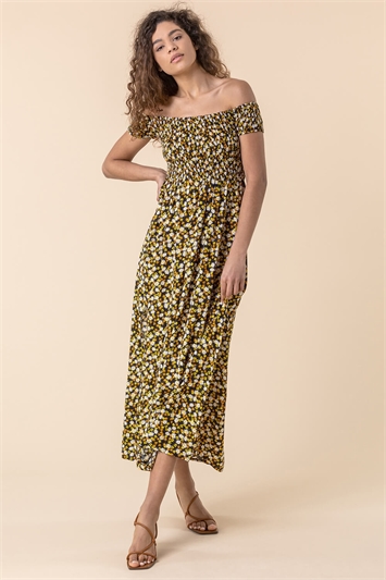 Multi Shirred Ditsy Floral Print Bardot Dress