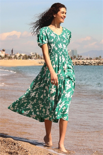 Green Floral Shirred Waist Tiered Midi Dress