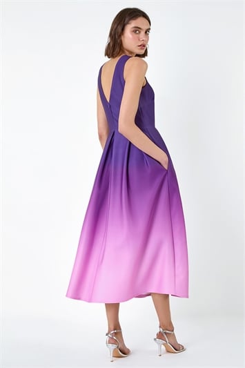 Purple Ombre Pleated Luxe Stretch Midi Dress