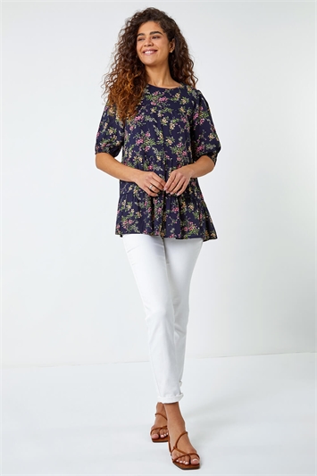 Blue Ditsy Floral Print Puff Sleeve Top