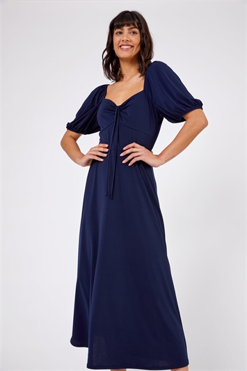 Navy Ruched Jersey Tie Detail Midi Dress, Image 4 of 4