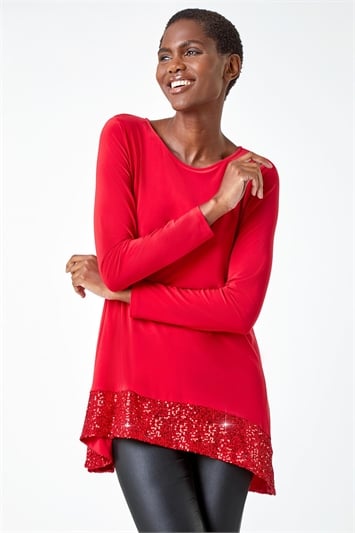 Red Sequin Hem Tunic Stretch Top