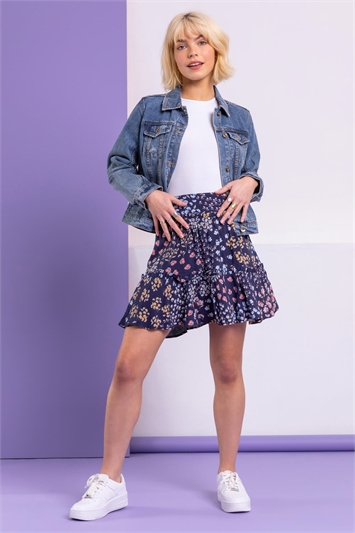 Navy Ditsy Floral Print Tiered Skirt