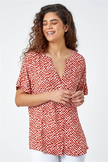 Red Abstract Spot Print Woven Top