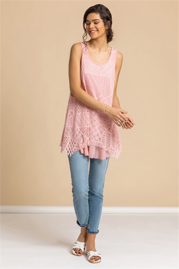 Light Pink Stretch Lace Hanky Hem Vest Top, Image 5 of 5