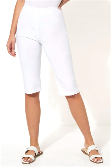 White Knee Length Stretch Shorts, Image 2 of 5