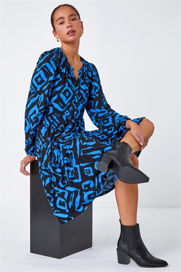 Blue Petite Abstract Print Tiered Stretch Dress