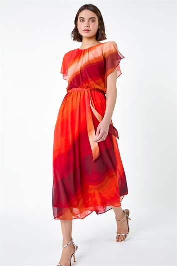 Orange Ombre Cape Sleeve Midi Dress