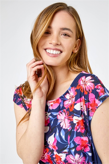 Navy Petite Floral Print Knot Detail Top, Image 4 of 4