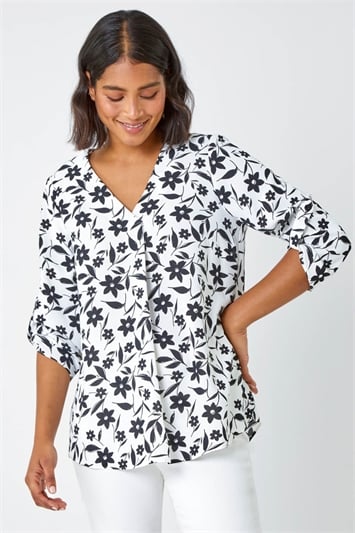 Black Floral Print Pleat Front Tunic Top