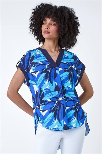 Blue Abstract Floral Print Contrast Trim Top