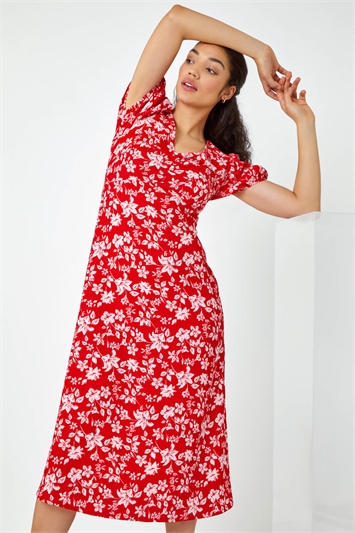 Red Floral Print Lace Back Midi Dress