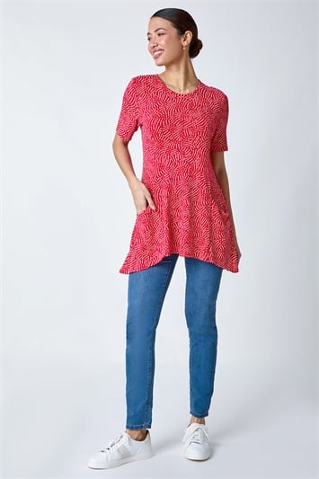 Red Abstract Print Pocket Tunic Top