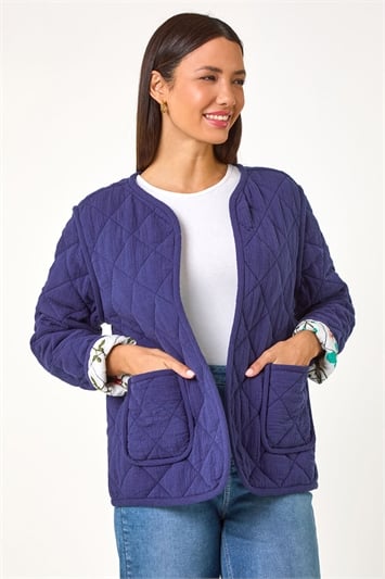 Blue Floral Print Lining Cotton Quilted Jacket