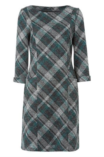 Check Print 3/4 Sleeve Shift Dress