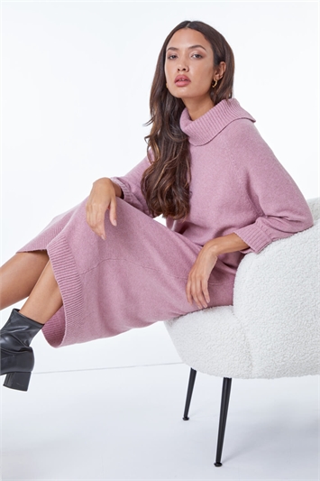 Pink Roll Neck Knitted Midi Dress