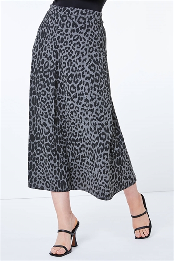 Grey Animal Print Flared Midi Skirt , Image 4 of 4