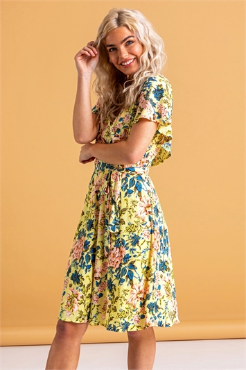 Yellow Floral Frill Sleeve Belted Dress, Image 5 of 5