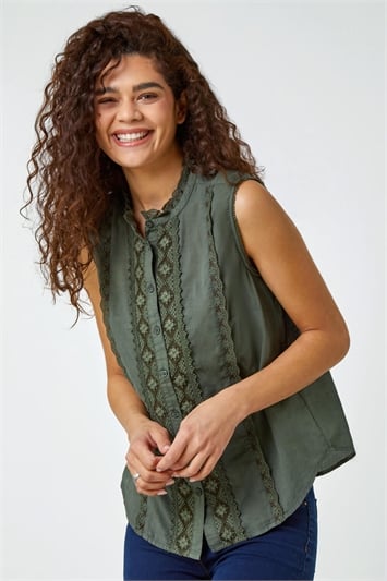 Brown Sleeveless Crochet Detail Cotton Blouse