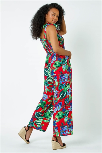 Red Petite Tropical Shirred Stretch Jumpsuit