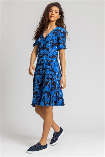 Royal Blue Floral Button Stretch Tea Dress, Image 3 of 4