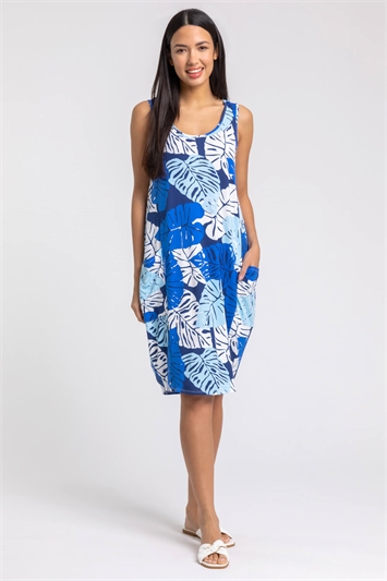 Blue Leaf Print Slouch Pocket Dress, Image 3 of 4