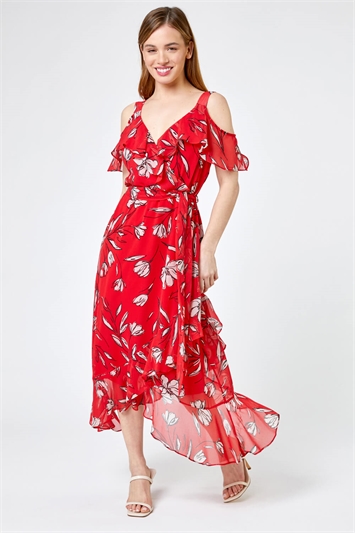 Red Petite Floral Print Cold Shoulder Midi Dress, Image 3 of 4