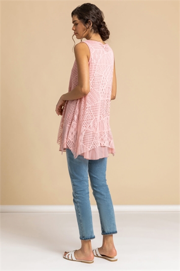 Light Pink Stretch Lace Hanky Hem Vest Top, Image 2 of 5
