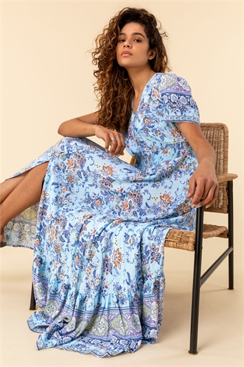 Blue Floral Print Shirred Waist Maxi Dress, Image 5 of 5