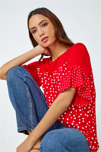 Red Spot Print Frill Sleeve Top