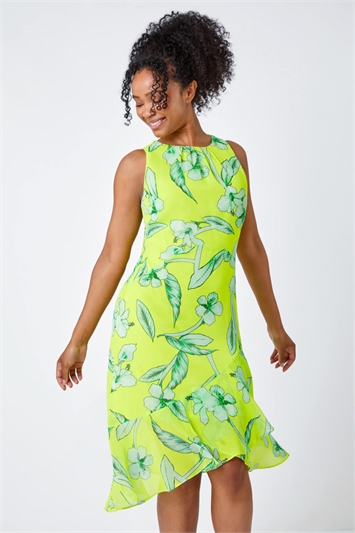 Green Petite Floral Frill Hem Dress