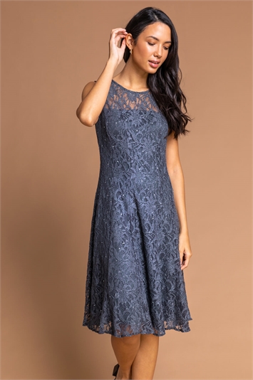 Silver Glitter Lace Fit And Flare Dress