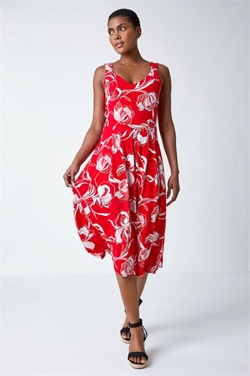 Red Textured Floral Print Midi Stretch Dress