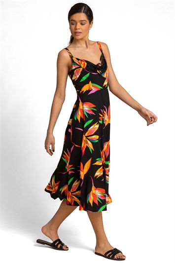 Black Floral Print Tie Front Midi Dress, Image 5 of 5