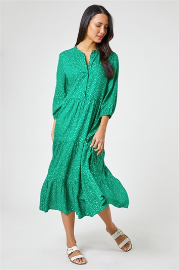 Green Spot Print Tiered Button Midi Dress, Image 3 of 5