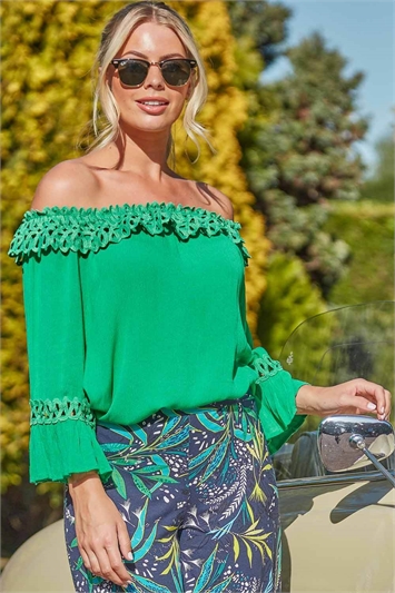 Green Lace Trim Bardot Top , Image 1 of 4