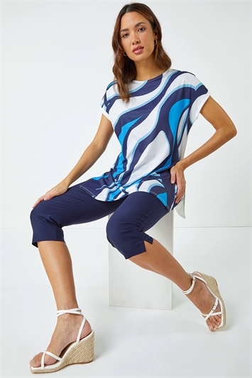 Blue Swirl Print Tunic Stretch Top