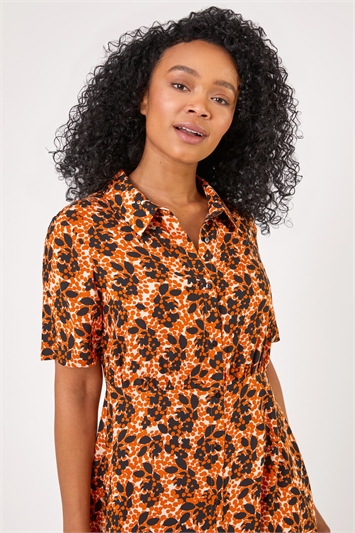 Rust Petite Abstract Floral Spot Print Shirt Dress , Image 4 of 4