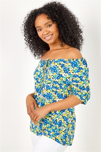 Blue Petite Floral Print Stretch Jersey Gypsy Top