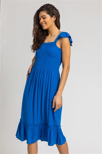 Royal Blue Shirred Bodice Frill Detail Midi Dress, Image 1 of 5